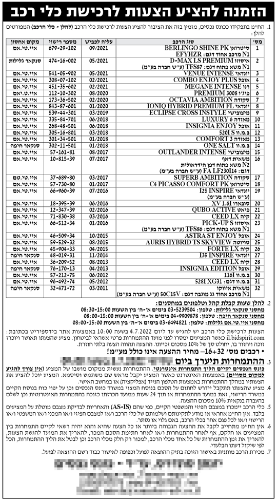 הזמנה להציע הצעות לרכישת כלי רכב הזמנה להציע הצעות לרכישת כלי רכב